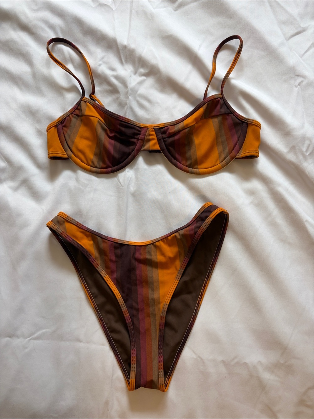 PacSun Swim Striped Bikini Top & Bottom in Mustard, Brown & Burgundy S/XS
